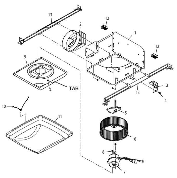 Part List Diagram and Parts List for QTREN070C  Broan Bath & Ventilation Fan