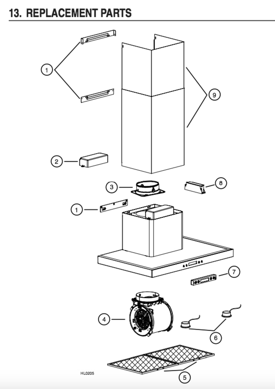 Part List Diagram and Parts List for VJ71030SS  Broan Range Hood