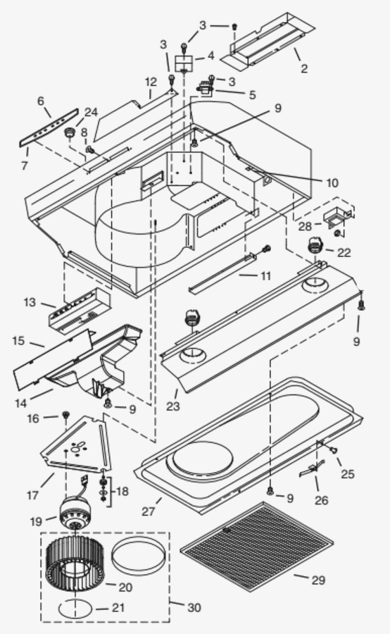 Part List Diagram and Parts List for WS330AAC  Broan Range Hood
