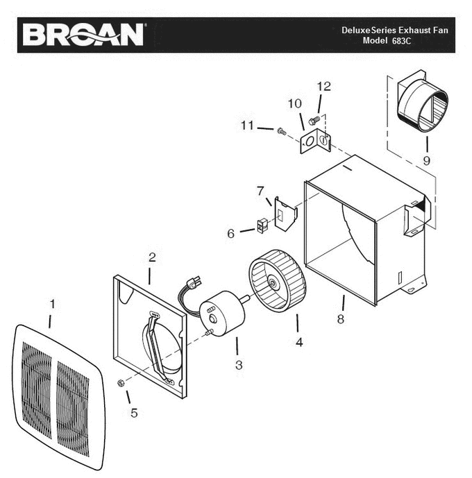 Part List Diagram and Parts List for 683C  Broan Bath & Ventilation Fan