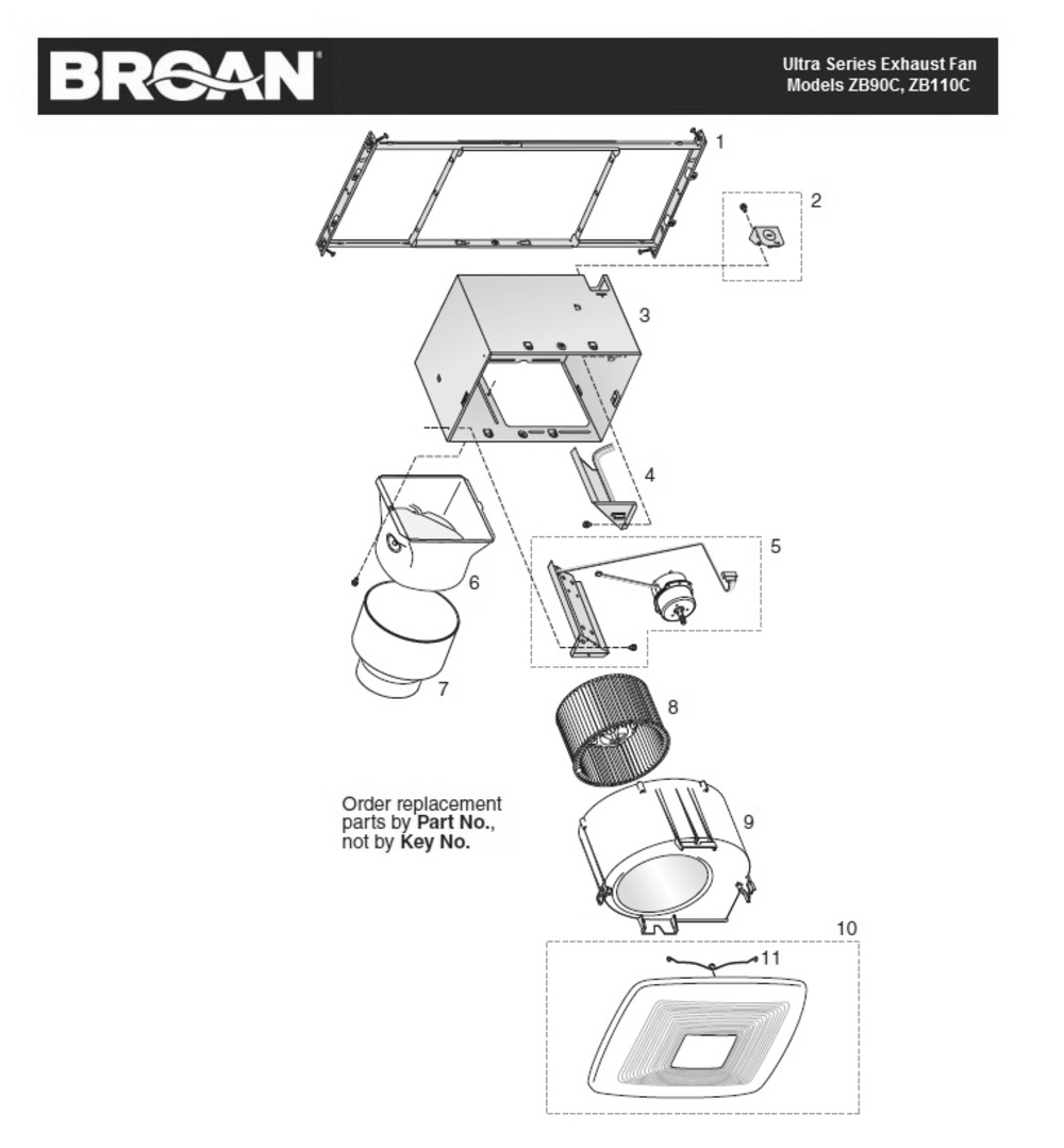 Part List Diagram and Parts List for ZB90C  Broan Bath & Ventilation Fan