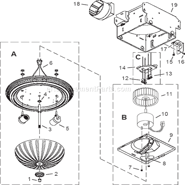Page A Diagram and Parts List for 742SN  Broan Bath & Ventilation Fan