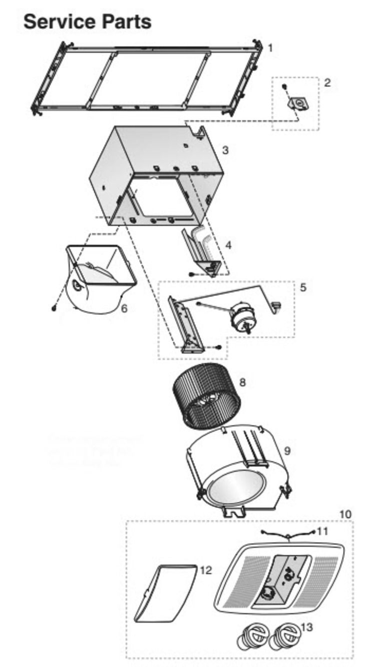 Part List Diagram and Parts List for XN110LC  Broan Bath & Ventilation Fan