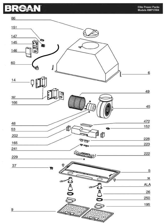 Part List Diagram and Parts List for RMPE17004  Broan Bath & Ventilation Fan