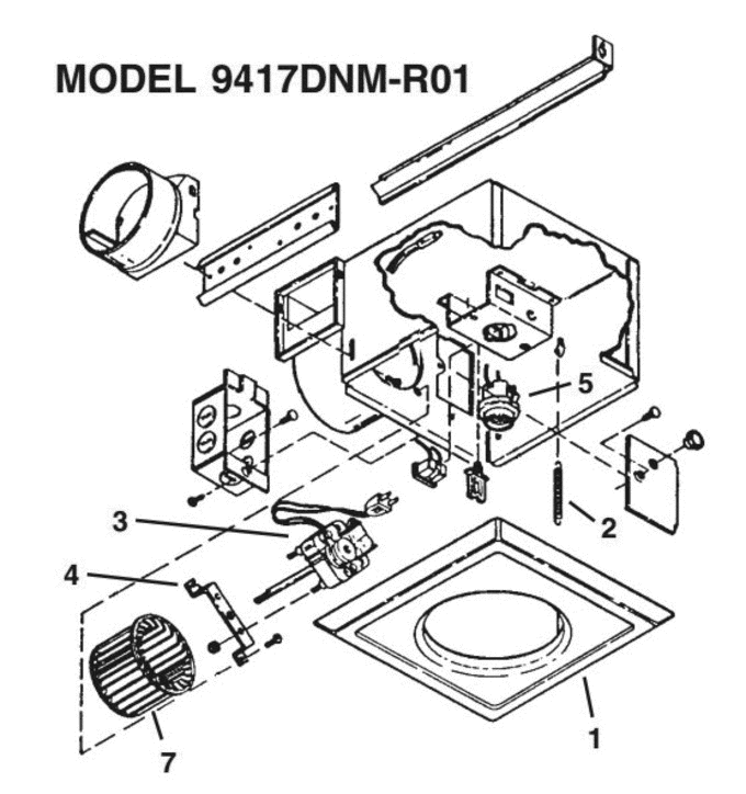 Part List Diagram and Parts List for 9417DNM-R01  Broan Bath & Ventilation Fan
