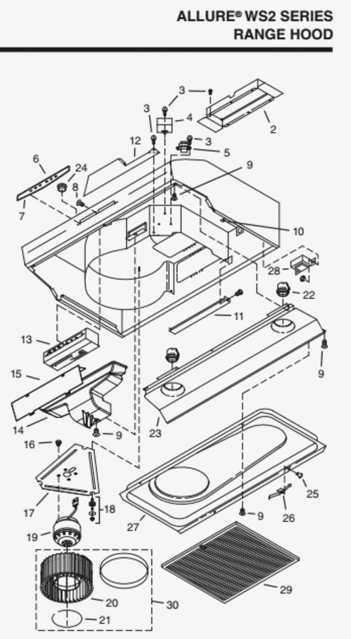Part List Diagram and Parts List for WS230AAC  Broan Range Hood