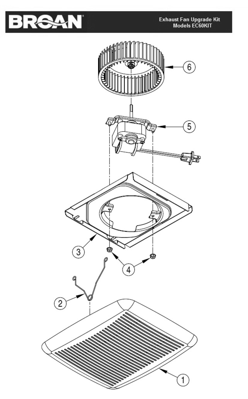 Part List Diagram and Parts List for EC60KIT  Broan Bath & Ventilation Fan