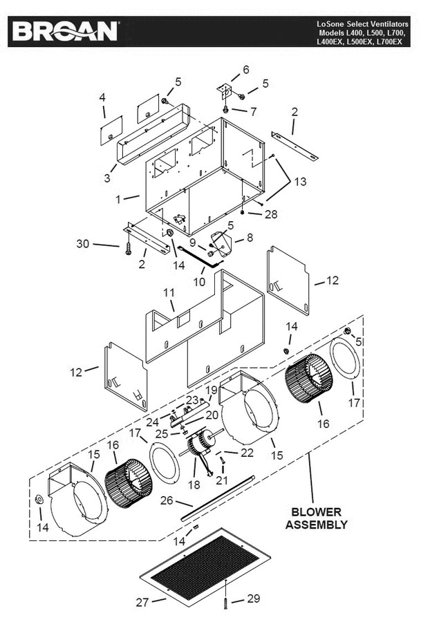 Part List Diagram and Parts List for L400EX  Broan Bath & Ventilation Fan
