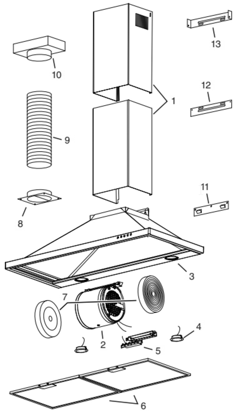 Part List Diagram and Parts List for B5830SSC  Broan Range Hood