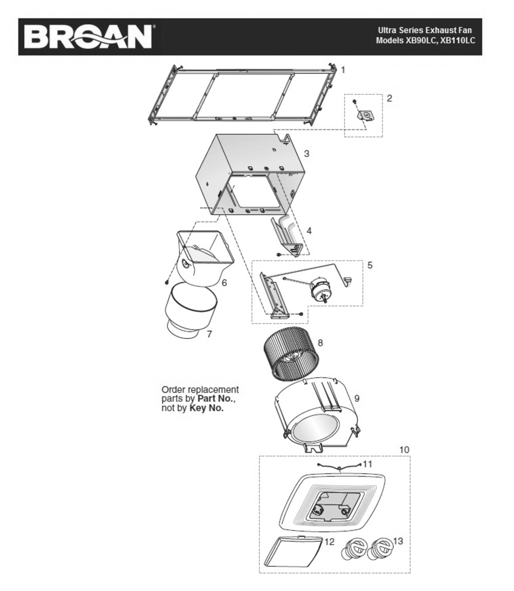 Part List Diagram and Parts List for XB110LC  Broan Bath & Ventilation Fan