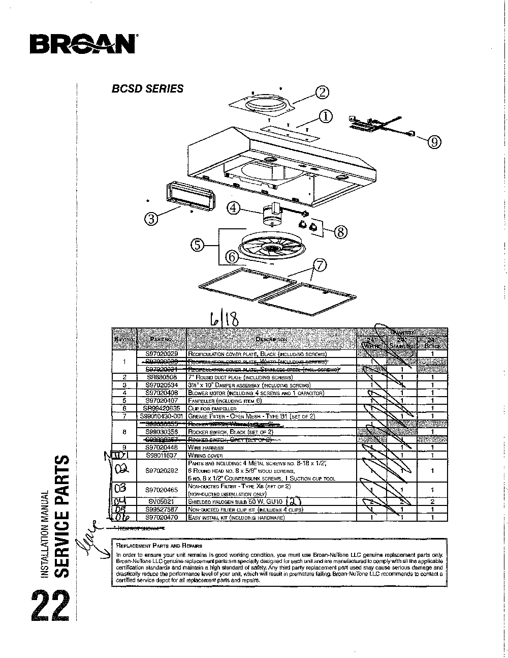 Range hood Diagram and Parts List for BCSD124BL  Broan Range Hood