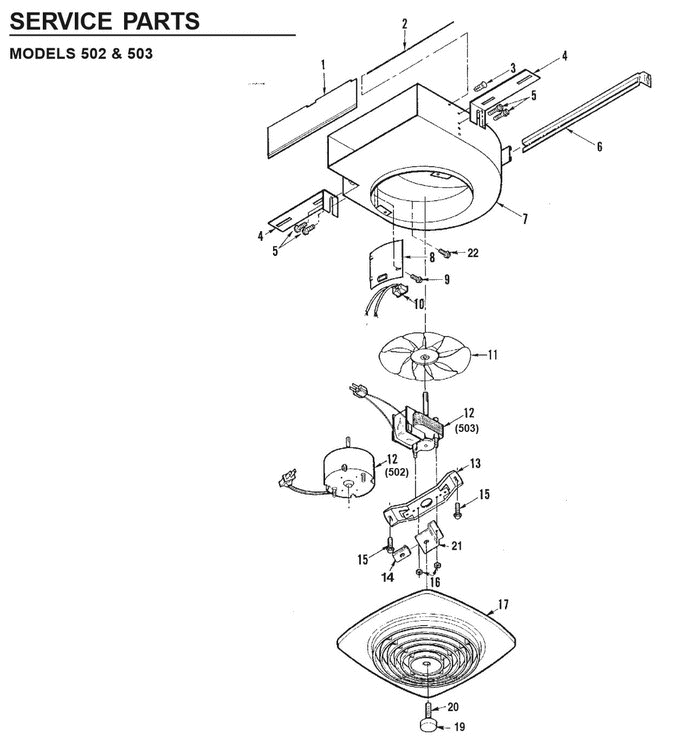 Part List Diagram and Parts List for 503N  Broan Bath & Ventilation Fan