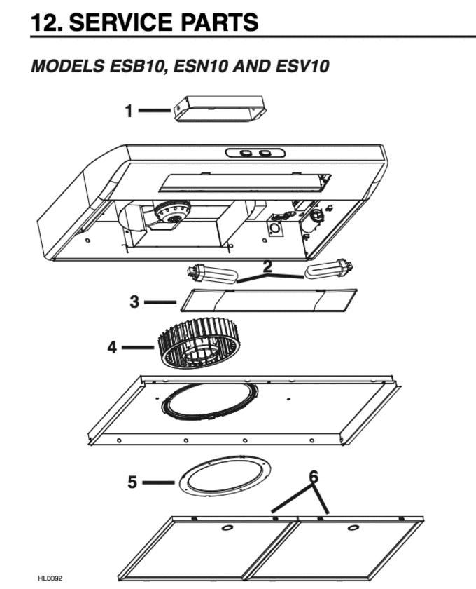Part List Diagram and Parts List for ESN1030BL  Broan Bath & Ventilation Fan