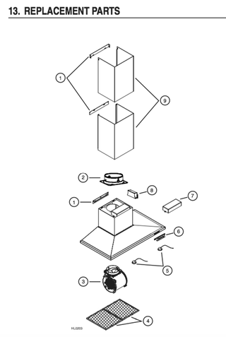 Part List Diagram and Parts List for VJ51030SS  Broan Range Hood