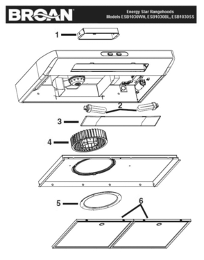 Part List Diagram and Parts List for ESB1030SS  Broan Range Hood