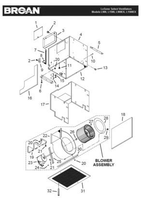 Part List Diagram and Parts List for L900EX  Broan Bath & Ventilation Fan