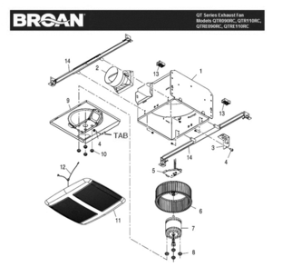 Part List Diagram and Parts List for QTR090RC  Broan Bath & Ventilation Fan