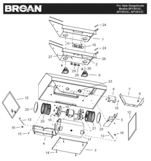 Part Location Diagram of S97017429 Broan Obe1208 Srv Damper Assembly