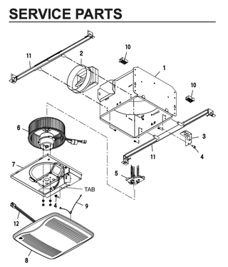 Part List Diagram and Parts List for QTXE110H  Broan Bath & Ventilation Fan