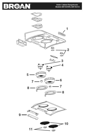 Part Location Diagram of 30111050 Broan Venmar Broan Range Hood Blower Wheel Center Cap