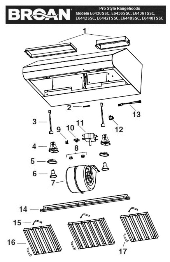 Part List Diagram and Parts List for E6448TSSC  Broan Range Hood