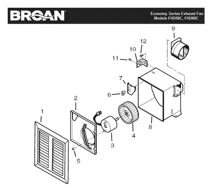 Part List Diagram and Parts List for FHD80C  Broan Bath & Ventilation Fan