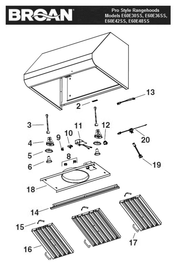 Part List Diagram and Parts List for E60E36SS  Broan Range Hood