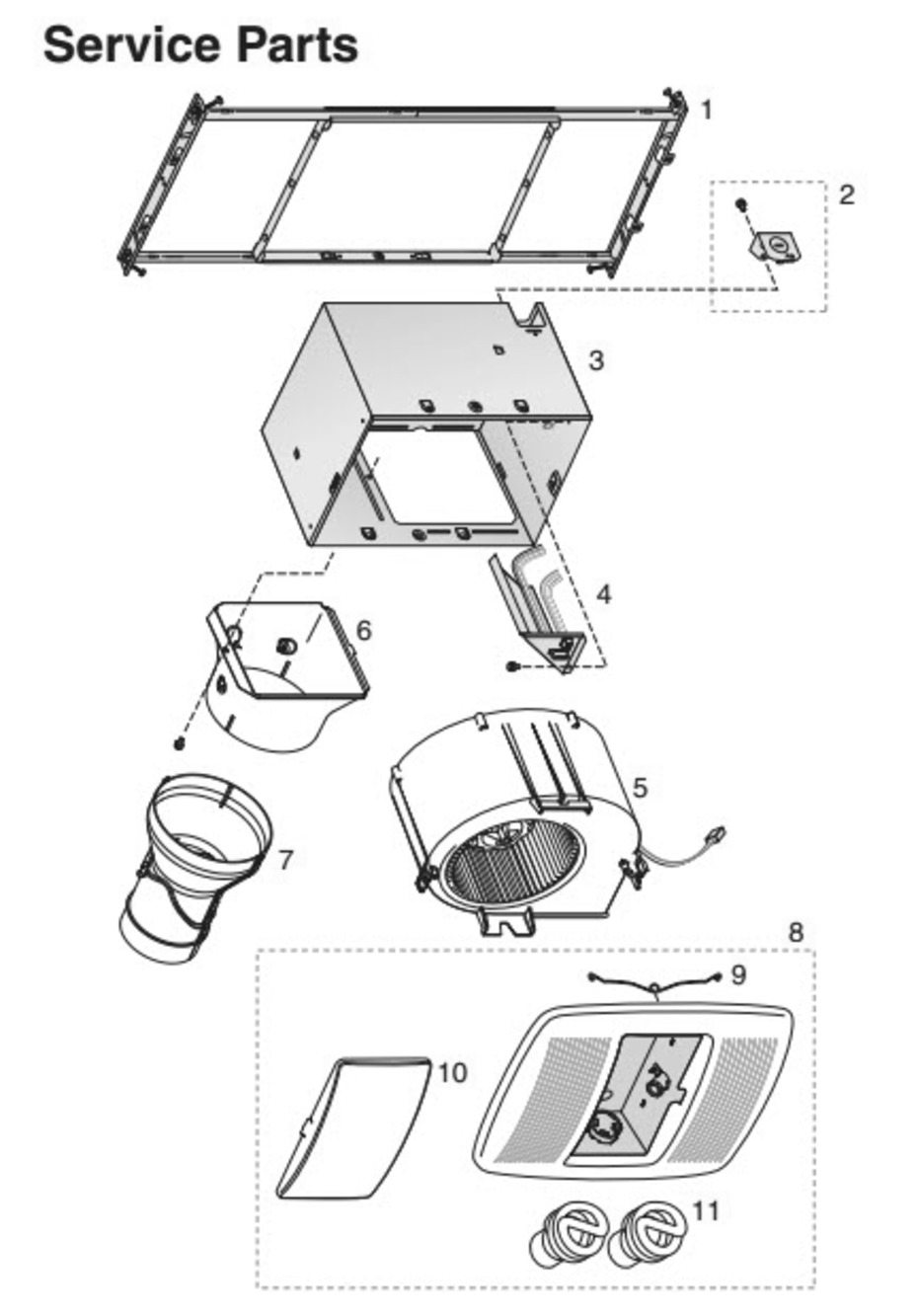 Part List Diagram and Parts List for RN110LC  Broan Bath & Ventilation Fan