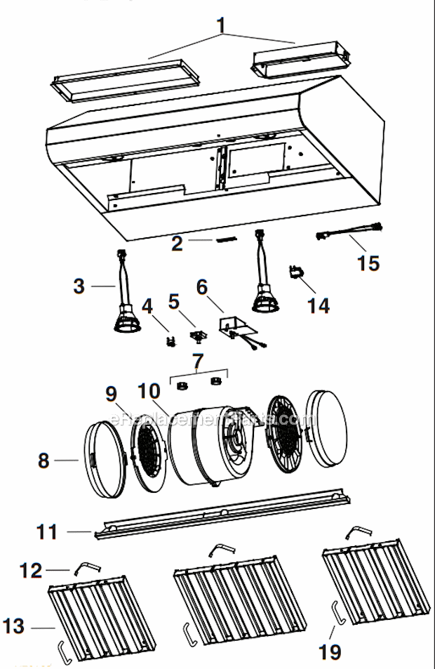 Internal_Blower_Hoods Diagram and Parts List for E64000 42" Broan Range Hood