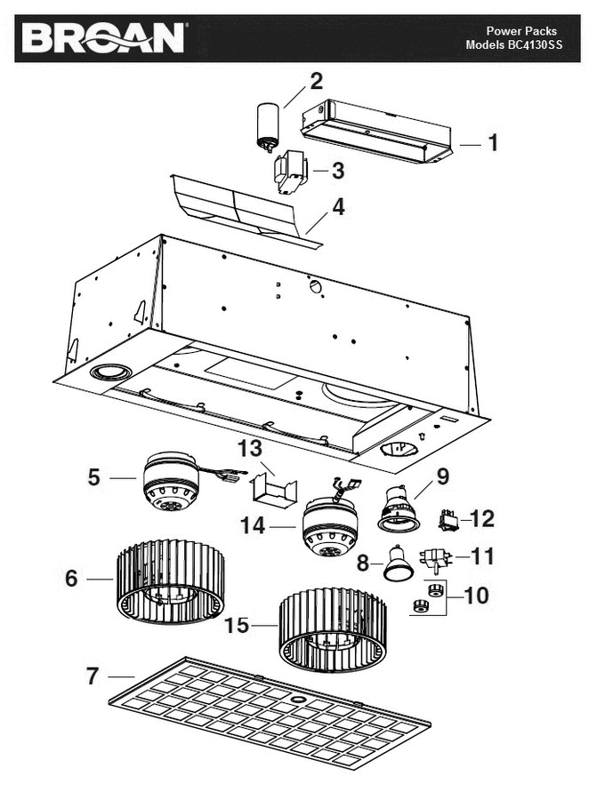 Part List Diagram and Parts List for BC4130SS  Broan Range Hood