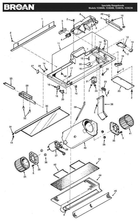 Part List Diagram and Parts List for 153001N  Broan Range Hood