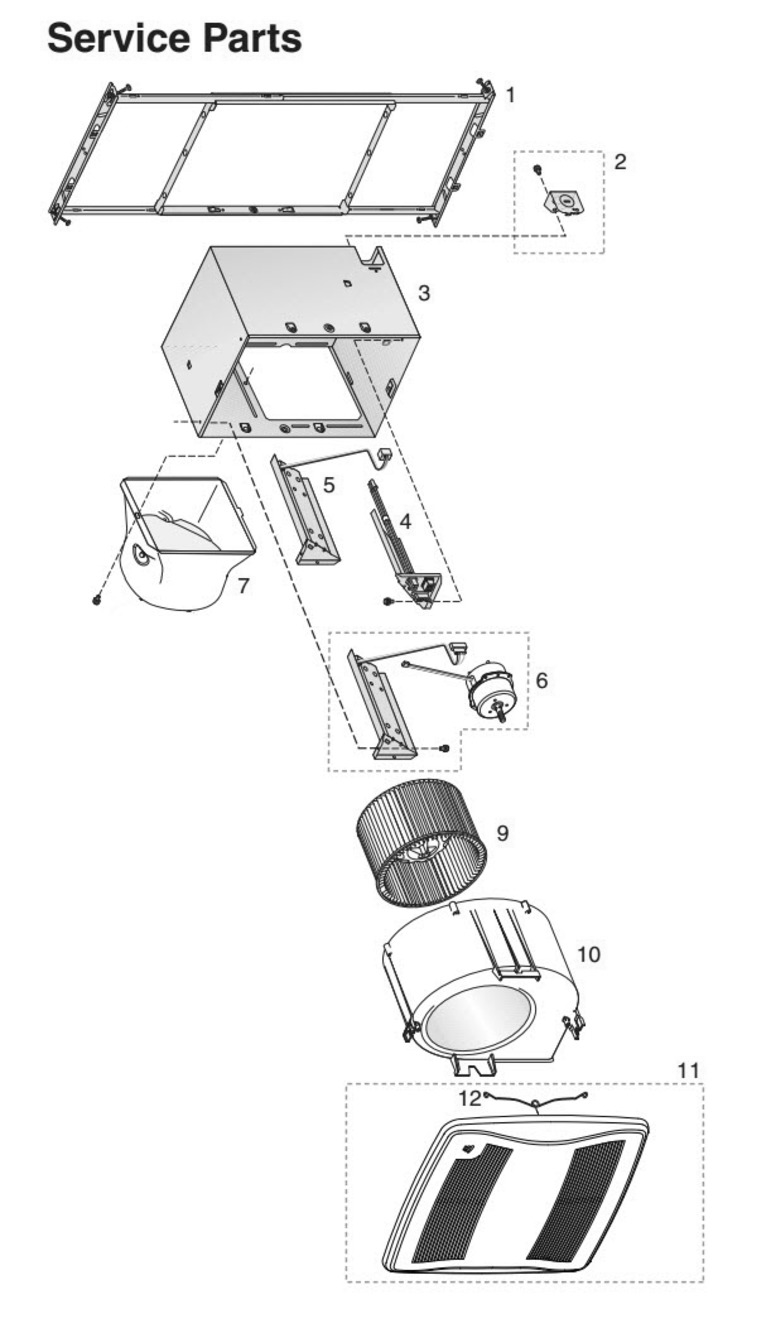 Part List Diagram and Parts List for XB110HC  Broan Bath & Ventilation Fan