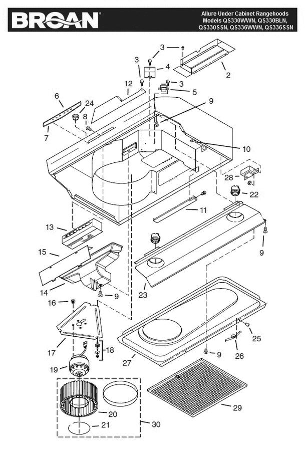 Part List Diagram and Parts List for QS330SSN  Broan Range Hood