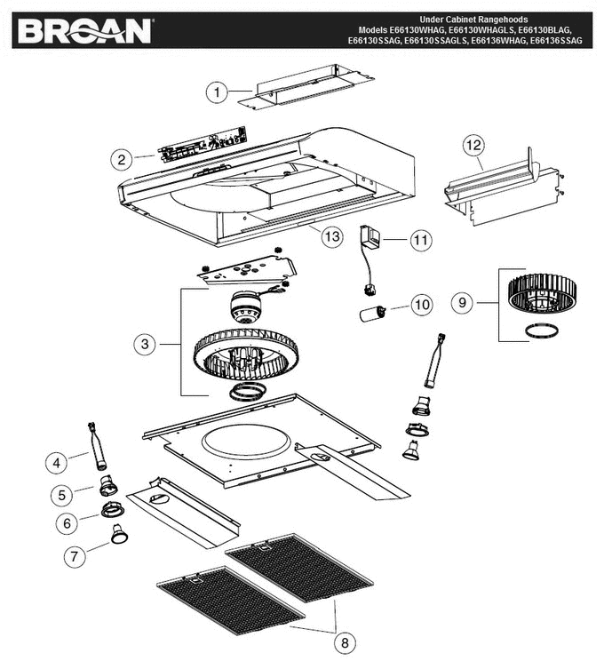 Part List Diagram and Parts List for E66130SSAG  Broan Range Hood