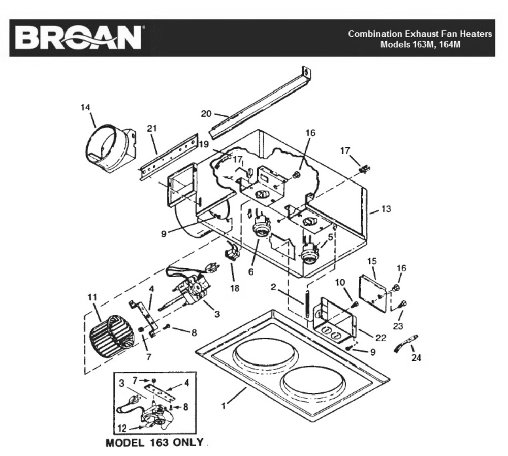 Part List Diagram and Parts List for 163M  Broan Bath & Ventilation Fan