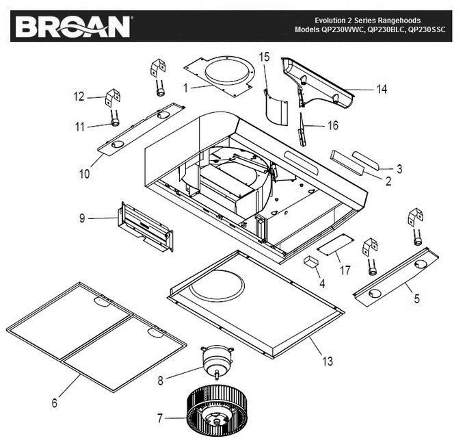 Part List Diagram and Parts List for QP230SSC  Broan Range Hood