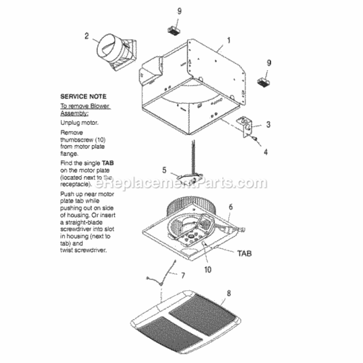 Page A Diagram and Parts List for QT110E  Broan Bath & Ventilation Fan