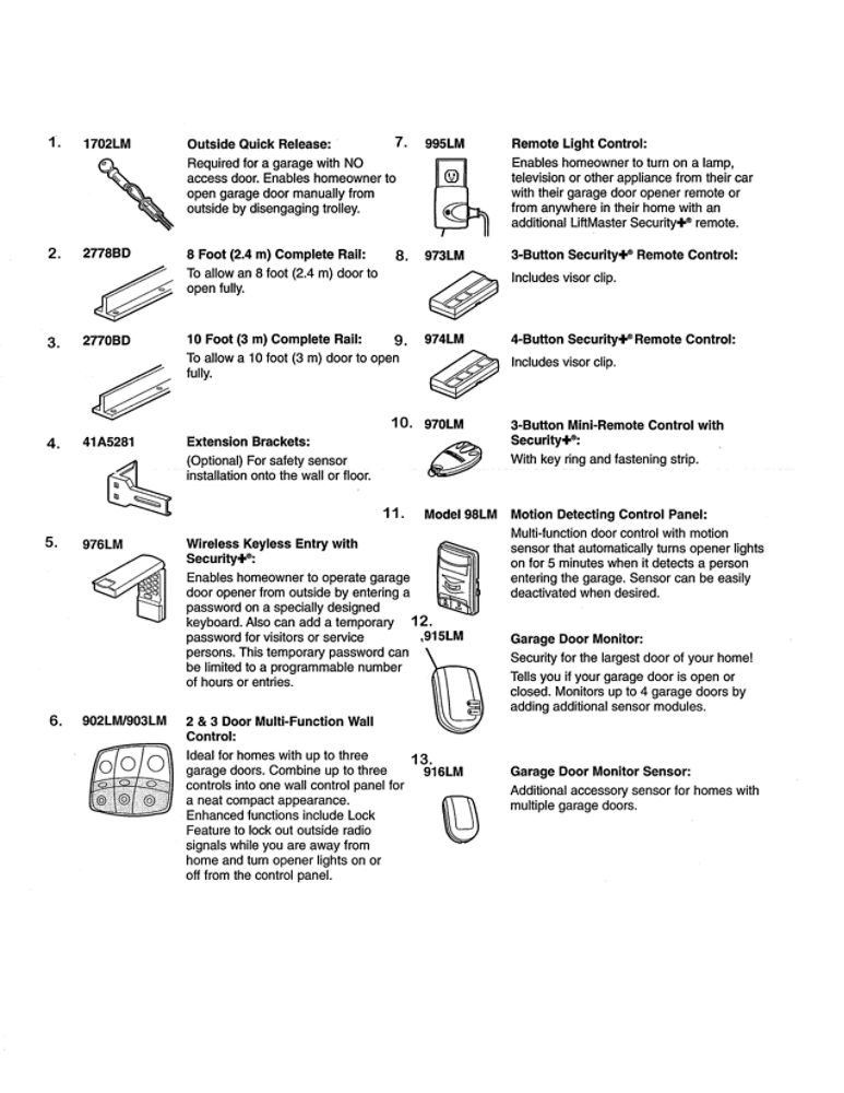 Accessories Diagram and Parts List for 2280-976  Chamberlain Garage Door Opener