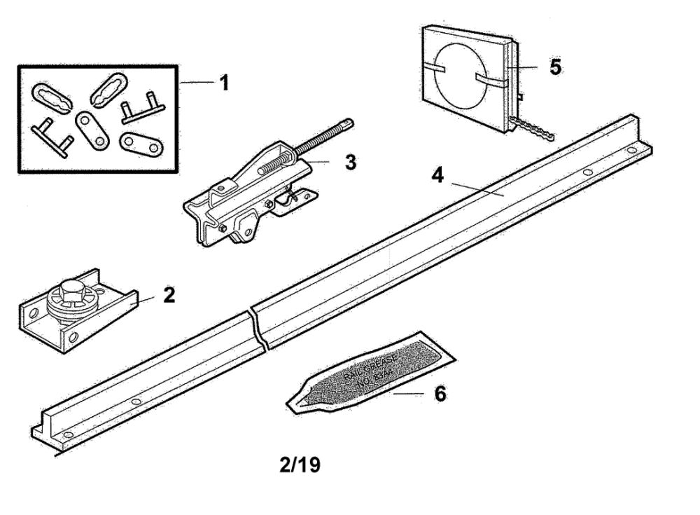 Rail Assembly Parts Diagram and Parts List for 1265LM  Chamberlain Garage Door Opener