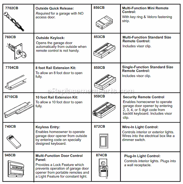 Accessories Diagram and Parts List for 7200  Chamberlain Garage Door Opener