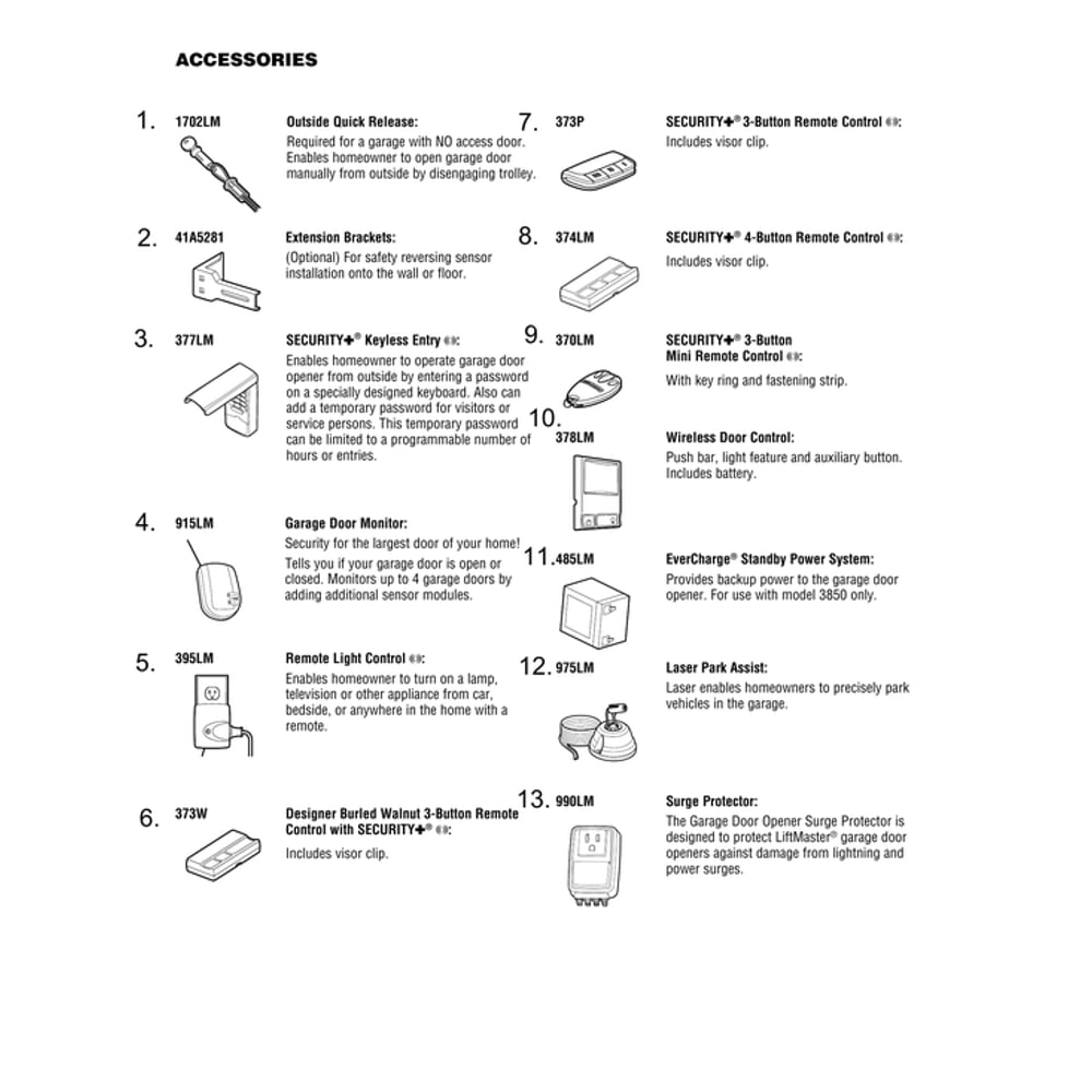 Accessories Diagram and Parts List for 3850-267  Chamberlain Garage Door Opener
