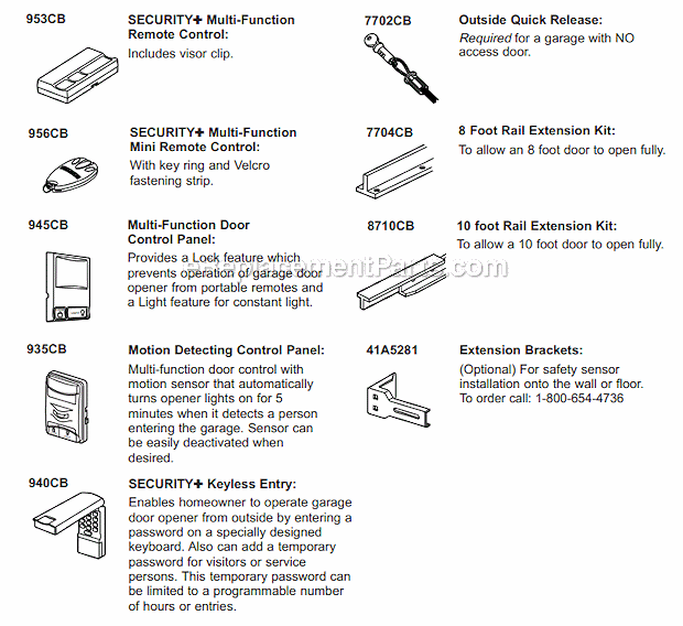 Accessories Diagram and Parts List for PD200  Chamberlain Garage Door Opener