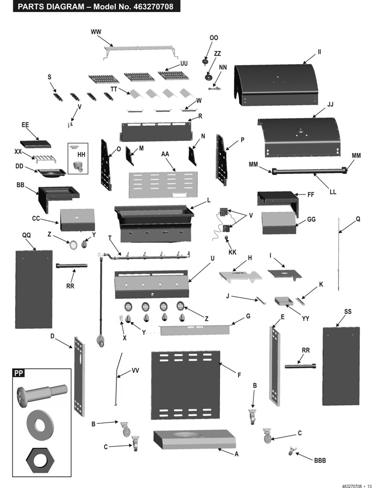 Diagram Diagram and Parts List for 463270708  Char-Broil Grill