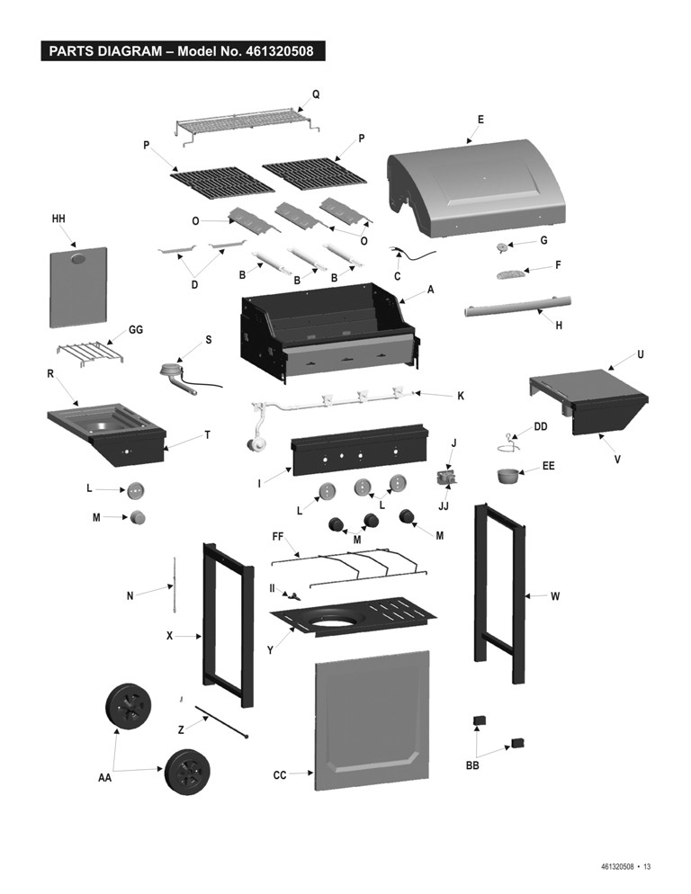 Diagram Diagram and Parts List for 461320508 2008 Char-Broil Grill