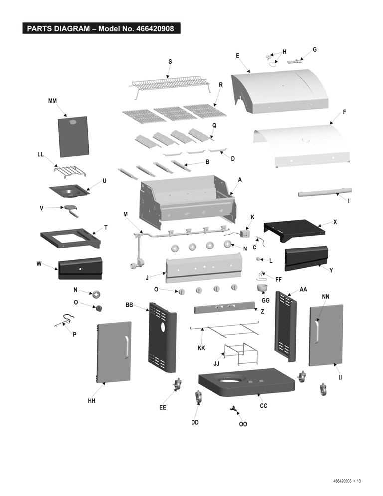 Diagram Diagram and Parts List for 466420908 2008 Char-Broil Grill