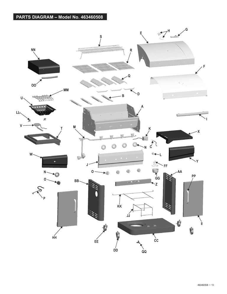 Diagram Diagram and Parts List for 463460508 2008 Char-Broil Grill