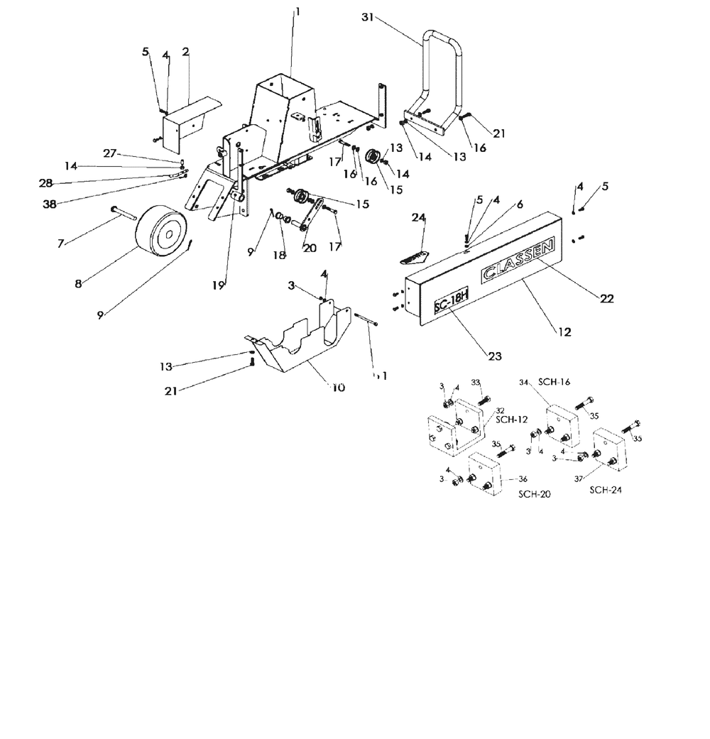 Main Frame Diagram and Parts List for SCHV-12-80 000101 & Above Classen Sod Cutter