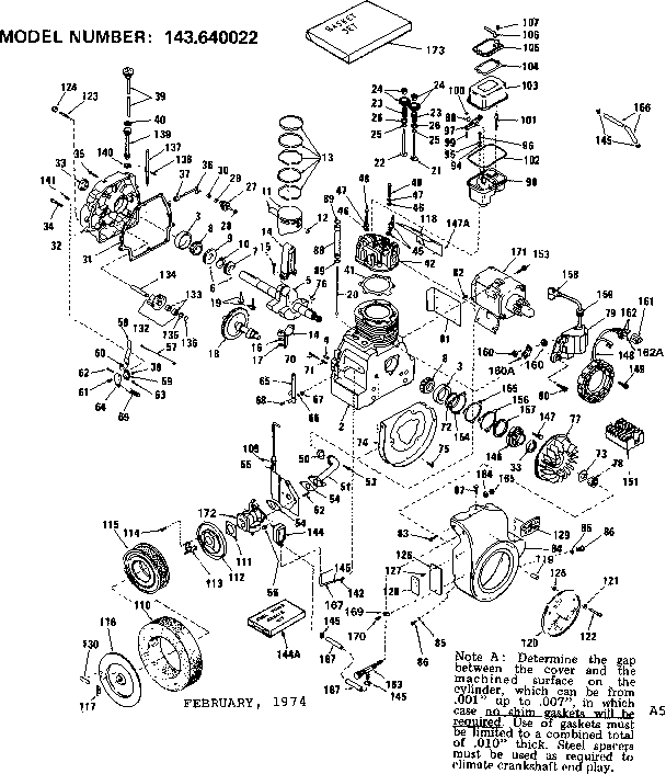 Engine Diagram and Parts List for 143640022  Craftsman Engine