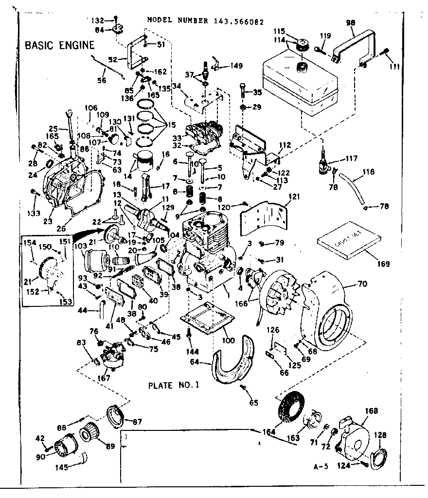 Basic Engine Diagram and Parts List for 143566082  Craftsman Engine