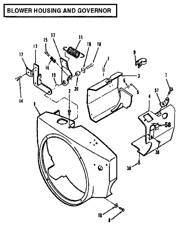 Blower Housing And Governor Diagram and Parts List for 73911054D  Craftsman Engine